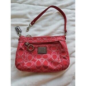 COACH Poppy Signature Lurex Large Wristlet Pouch Bag Ruby Silver‎ EUC
